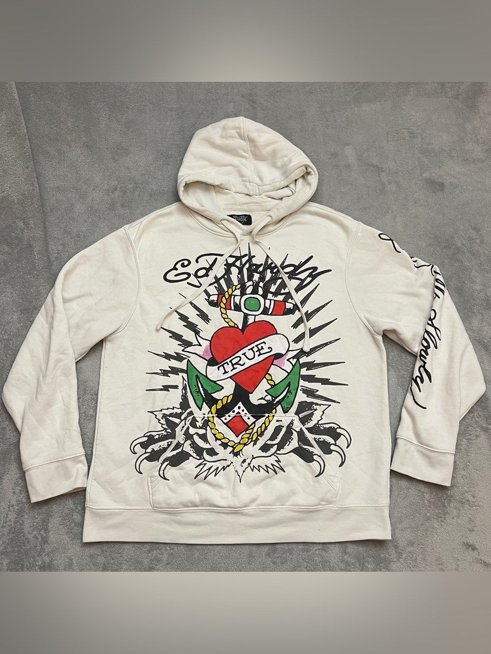 Ed Hardy Y2K Hoodie Mens L Off White Tattoo Anchor Heart Love Kills Slowly